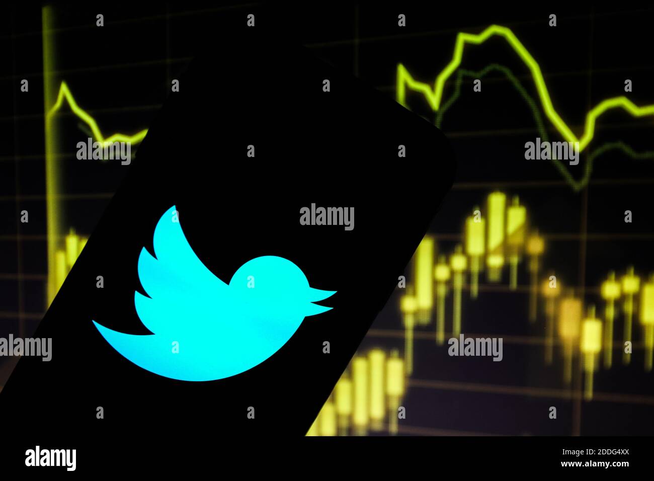 Dans cette illustration, le logo d'une application de réseaux sociaux Twitter affiché sur un smartphone devant un vert graphique des actions indiquant la croissance Banque D'Images