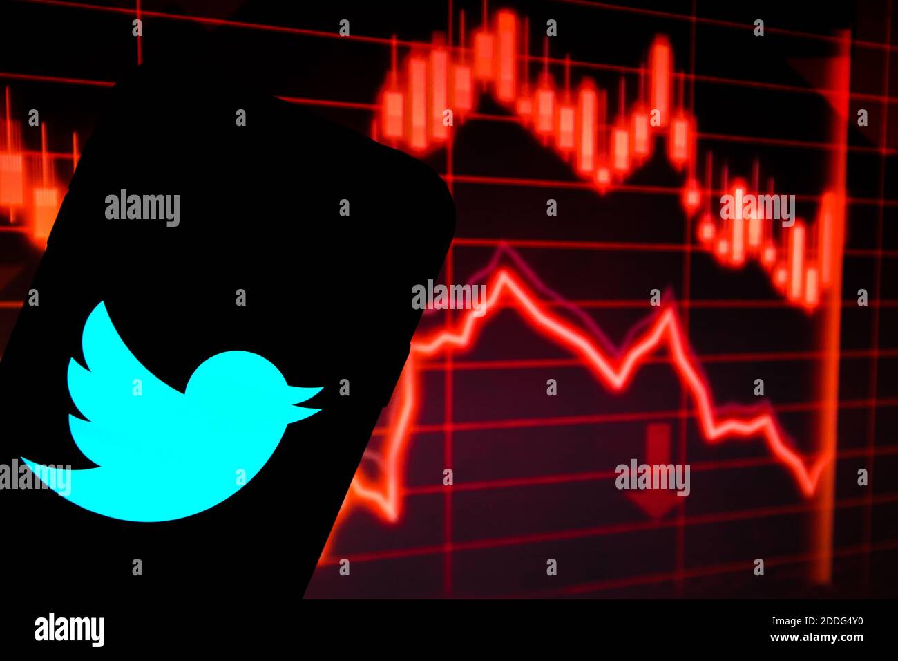 Dans cette illustration, le logo d'une application de réseaux sociaux Twitter affiché sur un smartphone en face d'un rouge graphique des actions indiquant le ralentissement Banque D'Images