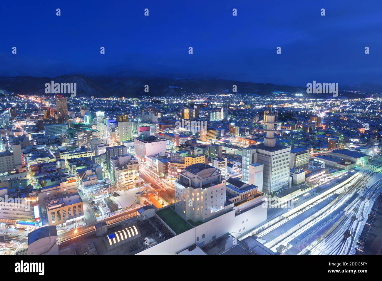 Yamagata, ville du Japon au crépuscule en hiver. Banque D'Images