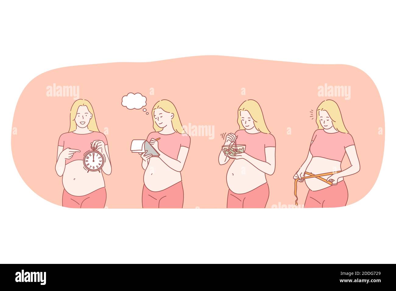 Grossesse Maternite Accouchement Et Concept De Bebe Jeune Femme Enceinte Heureuse Personnages De Dessin Anime Mesurant Le Ventre Manger Une Nourriture Saine Image Vectorielle Stock Alamy