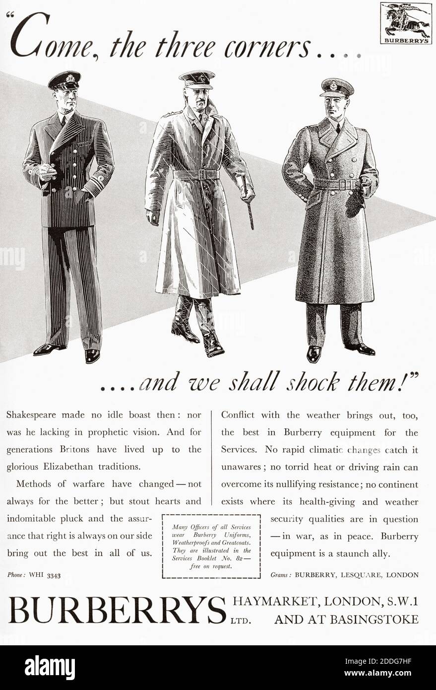 Une publicité de 1940 pour Burberry's Equipment for the Services. De navires de guerre britanniques, publié en 1940. Banque D'Images