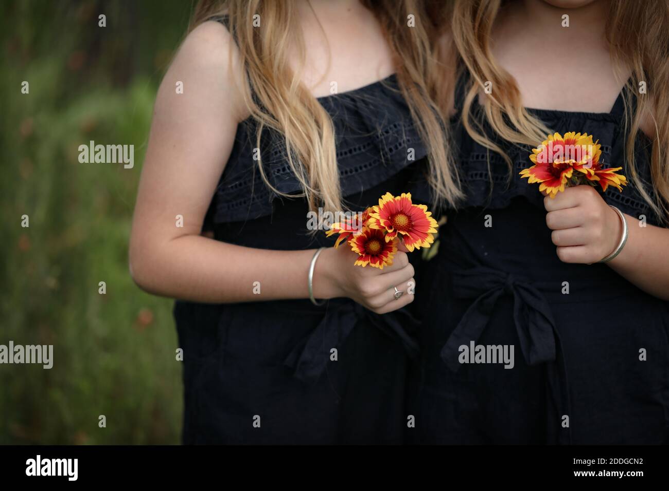 Deux filles dans des robes noires semblables tenant des fleurs dans leur mains Banque D'Images