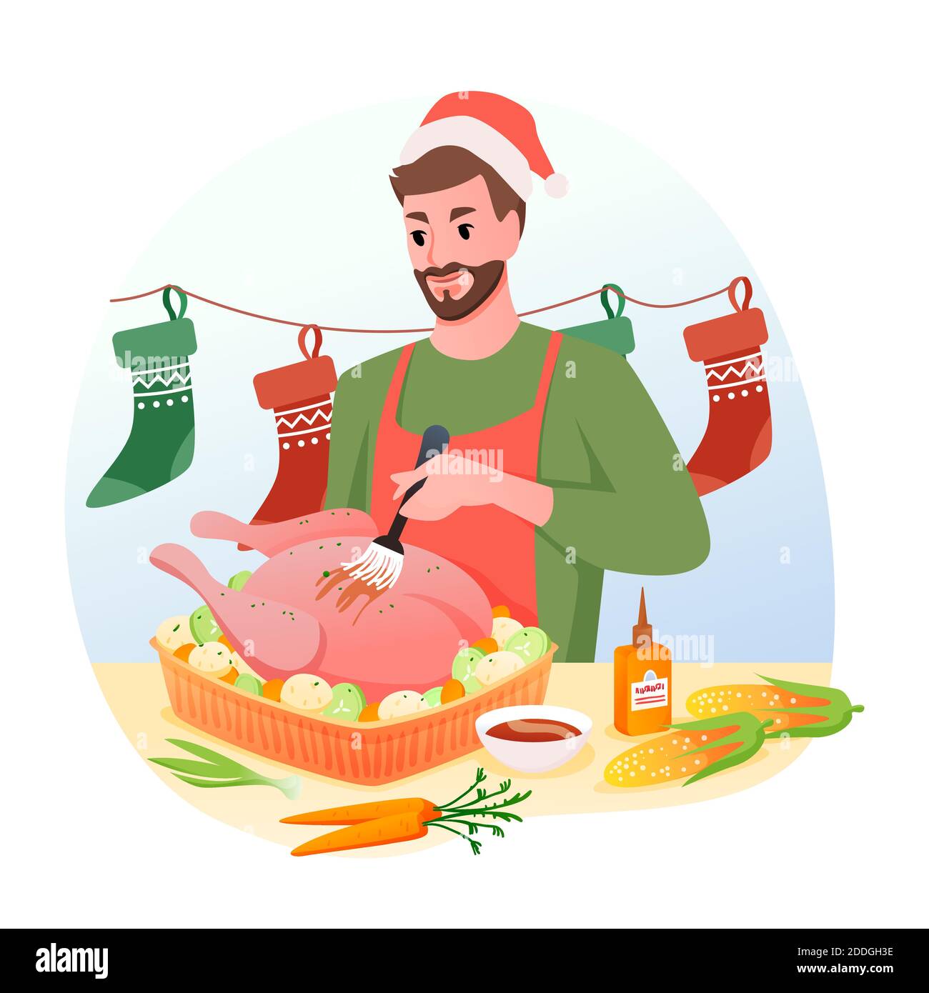L'homme cuisine la dinde de Noël traditionnelle pour le dîner, Joyeux Noël et les vacances d'hiver à la maison, modèle de dessin animé plat. Illustration de Vecteur