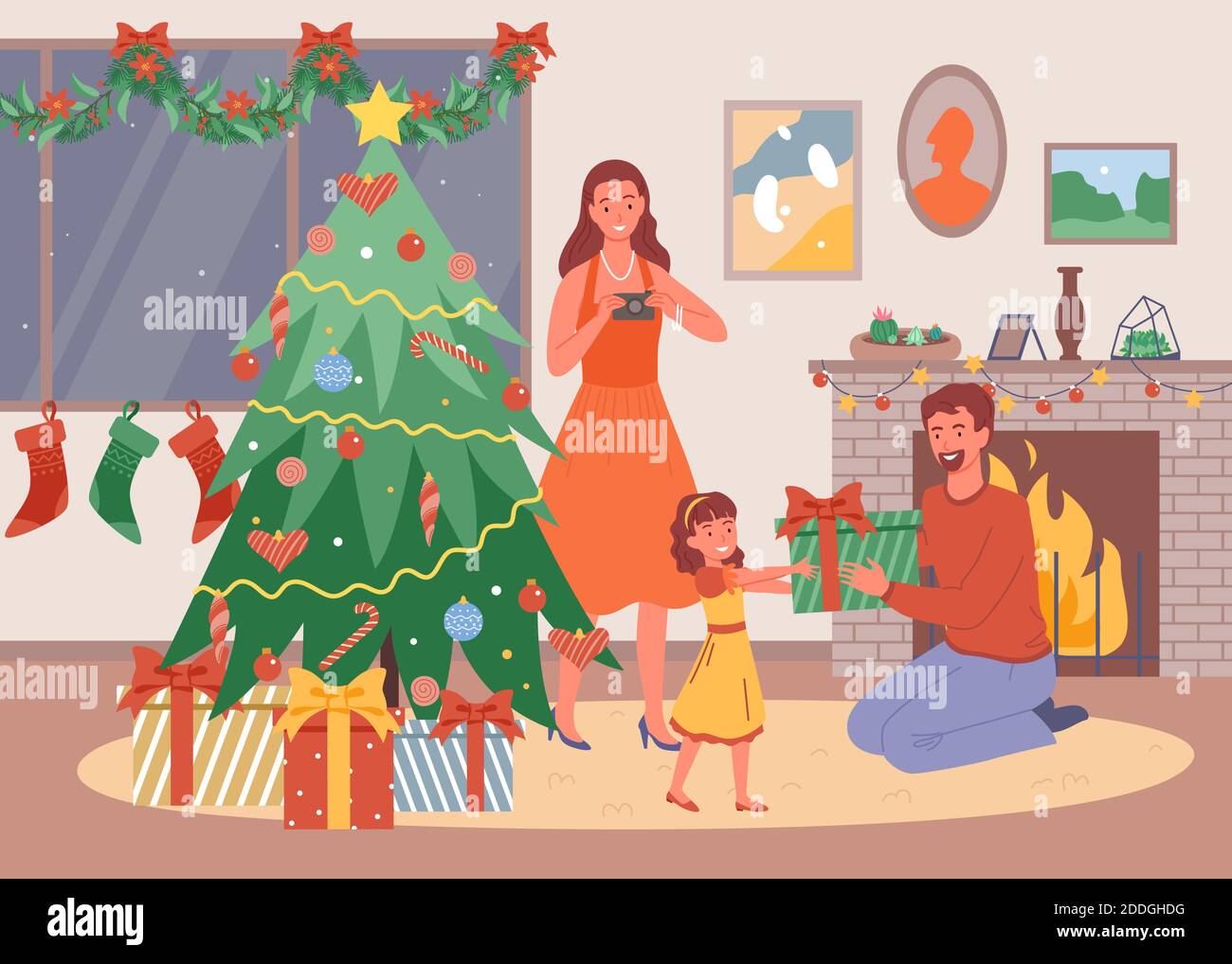 Illustration vectorielle de la famille heureuse à la maison, le soir de Noël, la fille donne un cadeau à son père, parents heureux et enfant célèbrent Noël à la maison. Illustration de Vecteur