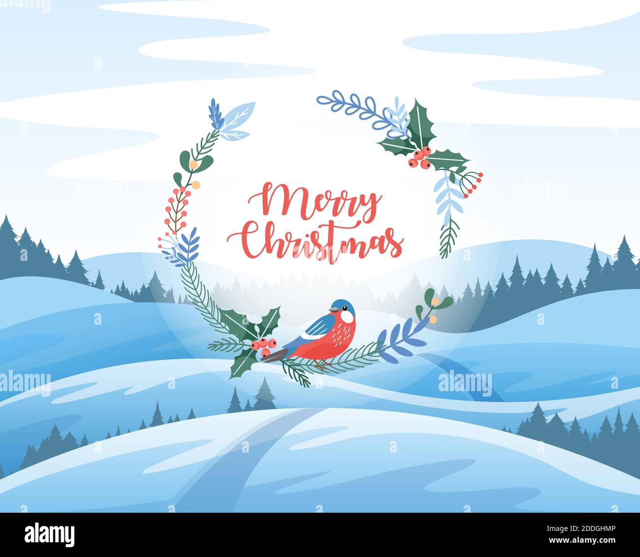 Paysage d'hiver avec voeux de Noël. Carte de vœux de joyeux Noël et de bonne année. Illustration de Vecteur
