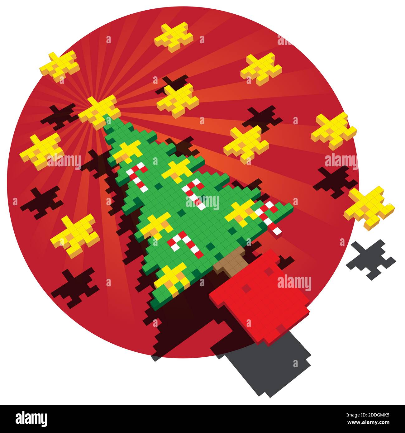 Illustration en pixels cubes d'un arbre de Noël avec des étoiles et des Candy Canes sur fond circulaire rouge foncé. Banque D'Images