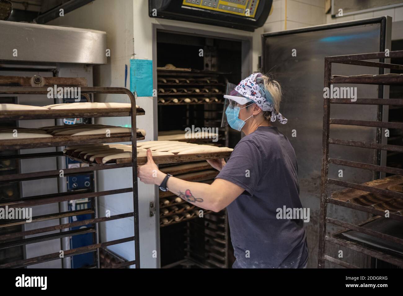 Vue latérale de la femelle dans le masque et le bouclier mettant la cuisson faire cuire au four chaud avec des baguettes crues tout en travaillant bakehouse Banque D'Images