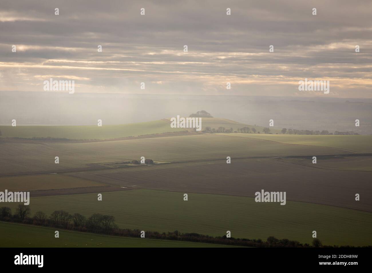 Matin brumeux / brumeux sur Knap Hill en hiver avec vue sur la vallée de Pewsey, Wiltshire, Angleterre, Royaume-Uni Banque D'Images