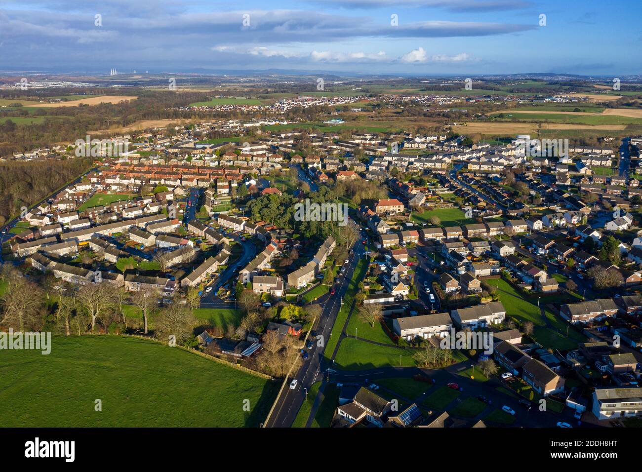Vue aérienne d'un domaine de logement à la périphérie de East Calder, West Lothian, Écosse. Banque D'Images