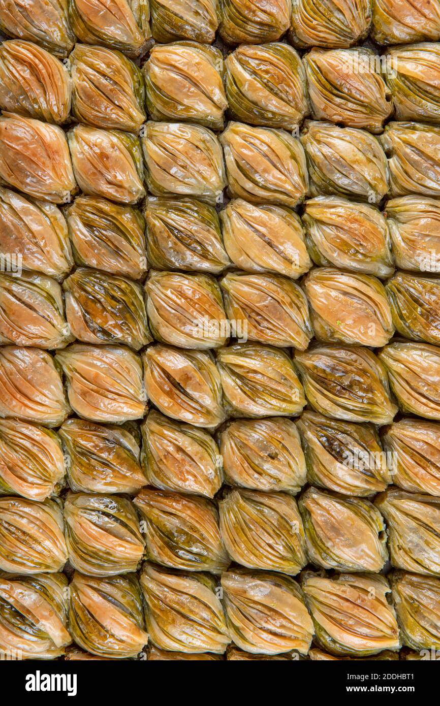 Baklava Midye turque ( Baklava en forme de mussel ) avec poudre de pistache verte et crème au beurre. Conceptuel des fêtes islamiques. Banque D'Images