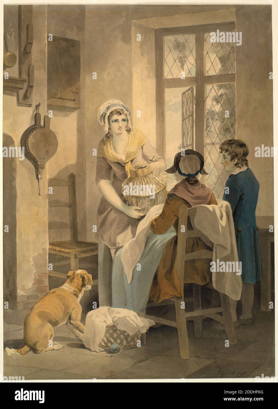 Préparation pour le marché, 1795 Francis Wheatley, aquarelle, animal, chien, femme, scène domestique, soufflets Banque D'Images