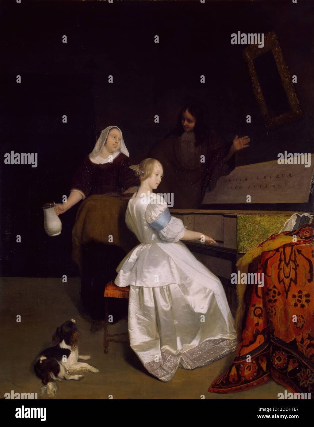 La leçon de musique, 1670-72 par Jacob Ochtervelt, peinture à l'huile, Néerlandais, musique, instrument musical, Piano, Jug, 17ème siècle, animal, chien, Espagnol, ancien Maître, Maître Banque D'Images