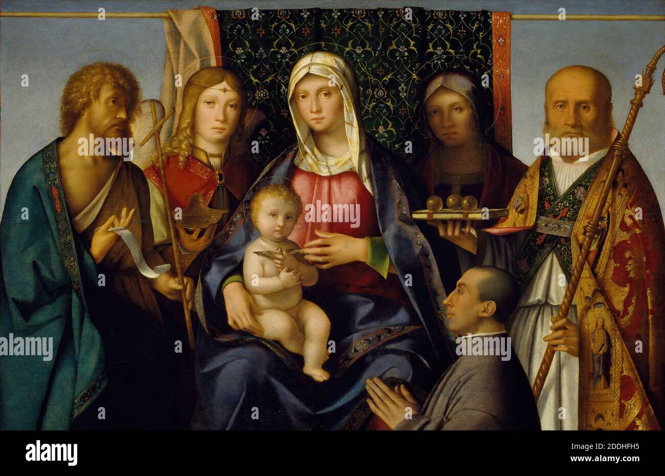 Vierge et enfant avec saints et donneur, 1505-1515 Boccaccio Boccacino, peinture à l'huile, religion, Christian, ancien Maître, religion, Vierge Marie, religion, Jésus Christ, oiseau, Goldfinch Banque D'Images