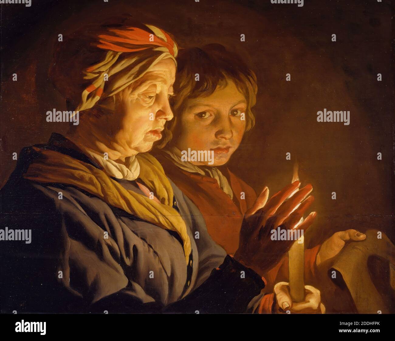 Une vieille femme et UN garçon par Candlelight, 1630-1650 Matthias stom, peinture à l'huile, Baroque, bougie, Chiaroscuro, ancien maître, Femme, Garçon, flamme, lumière Banque D'Images