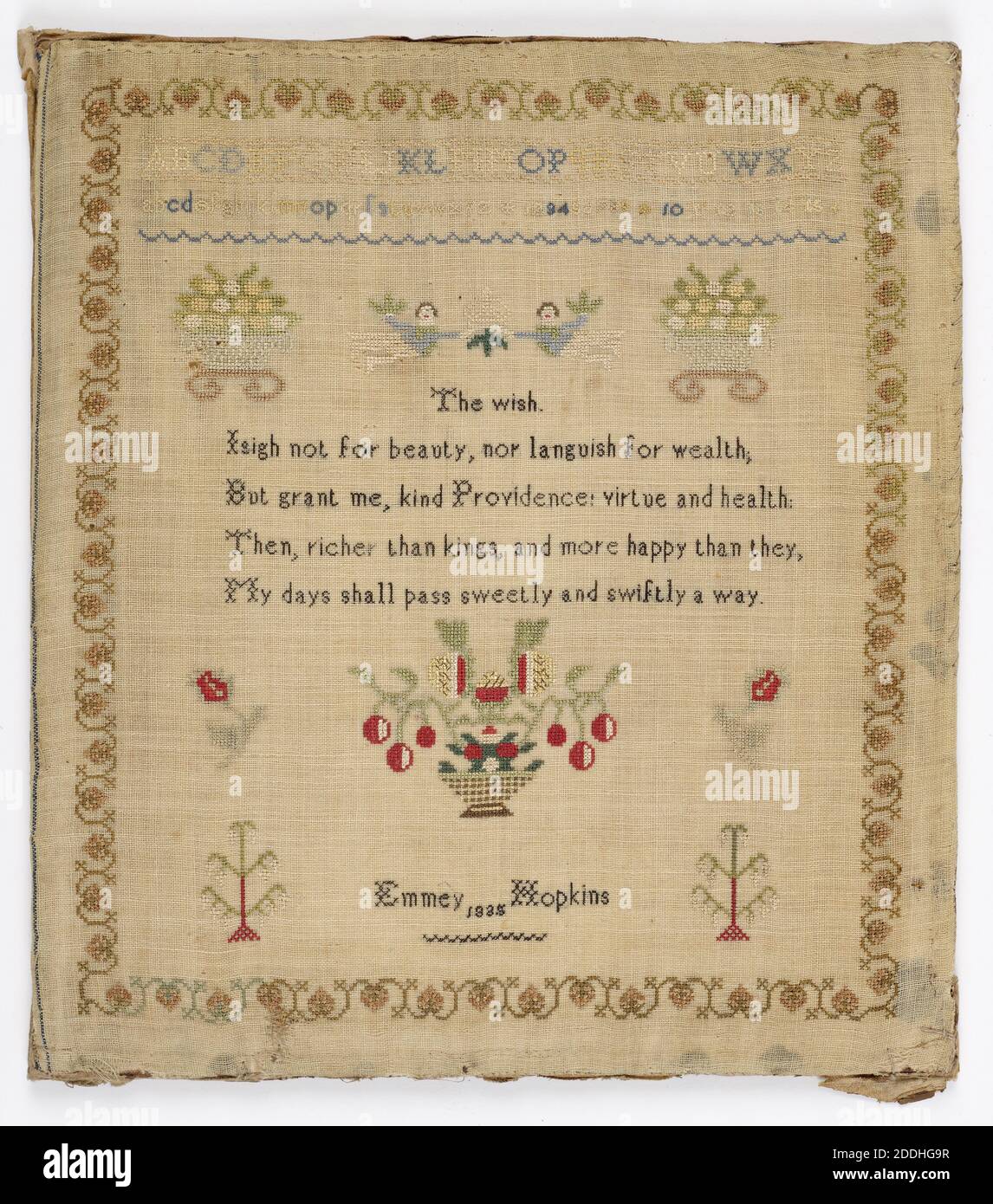 Sampler de travaux d'aiguille, Stitched by Emmey Hopkins, 1935, Arts appliqués, Histoire sociale, textiles, broderie, couture Banque D'Images