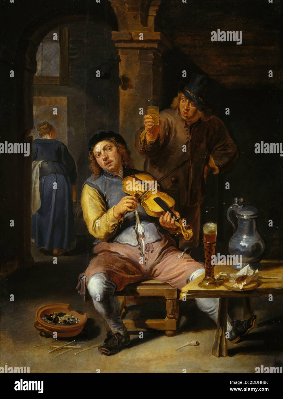 The Blind Fiddler, 1637-1677 attribué à Willem van Herp, peinture à l'huile, pays-Bas, néerlandais, Belgique, instrument de musique, Jug, ancien Maître, violon, Taverne, Maison publique, bière, handicap Banque D'Images