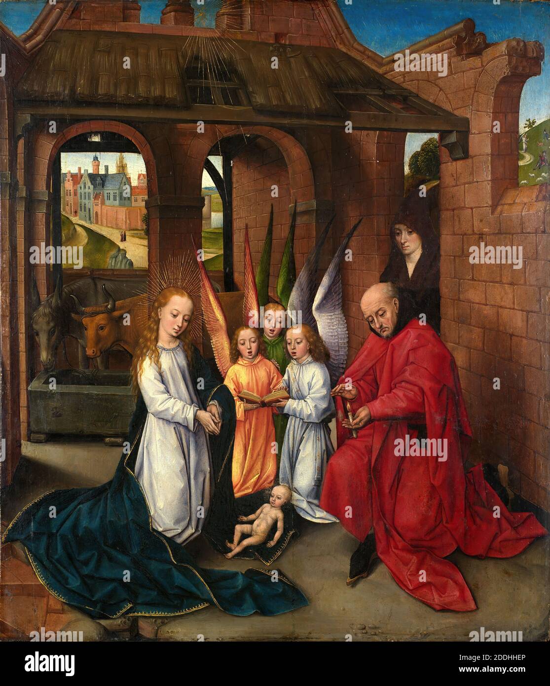 La Nativité, 1460-70 huile sur panneau attribuée à: Maître du Prado adoration des Magi, peinture à l'huile, religion, Christian, Noël, Ange, Vierge Marie, Nativité, ancien Maître, bébé, enfant, animal, vache, XVe siècle, animal, âne, religion, Jésus Christ, religion, Nouveau Testament, animal, Ox Banque D'Images