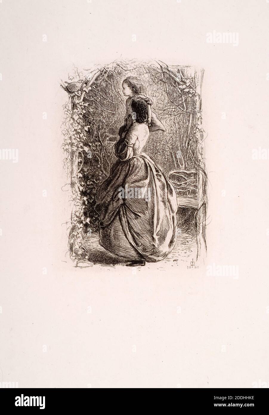 Happy Springtime,1860 John Everett Millais (d.1896), 19e siècle, encre, papier, oiseau, Femme, enfant, saison, Printemps, nature Banque D'Images