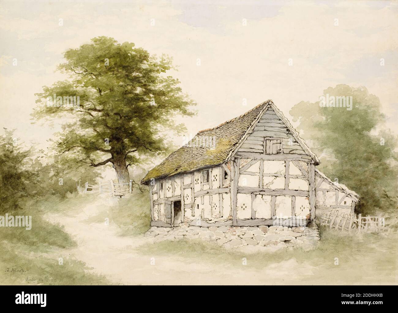 Ancienne Grange à colombages près de Maxstoke, Warwickshire, John Alsop (b. 1829, d. 1909), signé: 'J.Alsop', daté du '14 juillet'. Manuscrit au crayon ci-dessous:- 'ancienne grange près d'un Fordrough entre la ferme de Moat House et Hawkeswe LL Farm Packington, Warwickshire.', aquarelle, vues topographiques, Midlands, topographique, Agriculture, Architecture, Barn, Angleterre, Warwickshire Banque D'Images