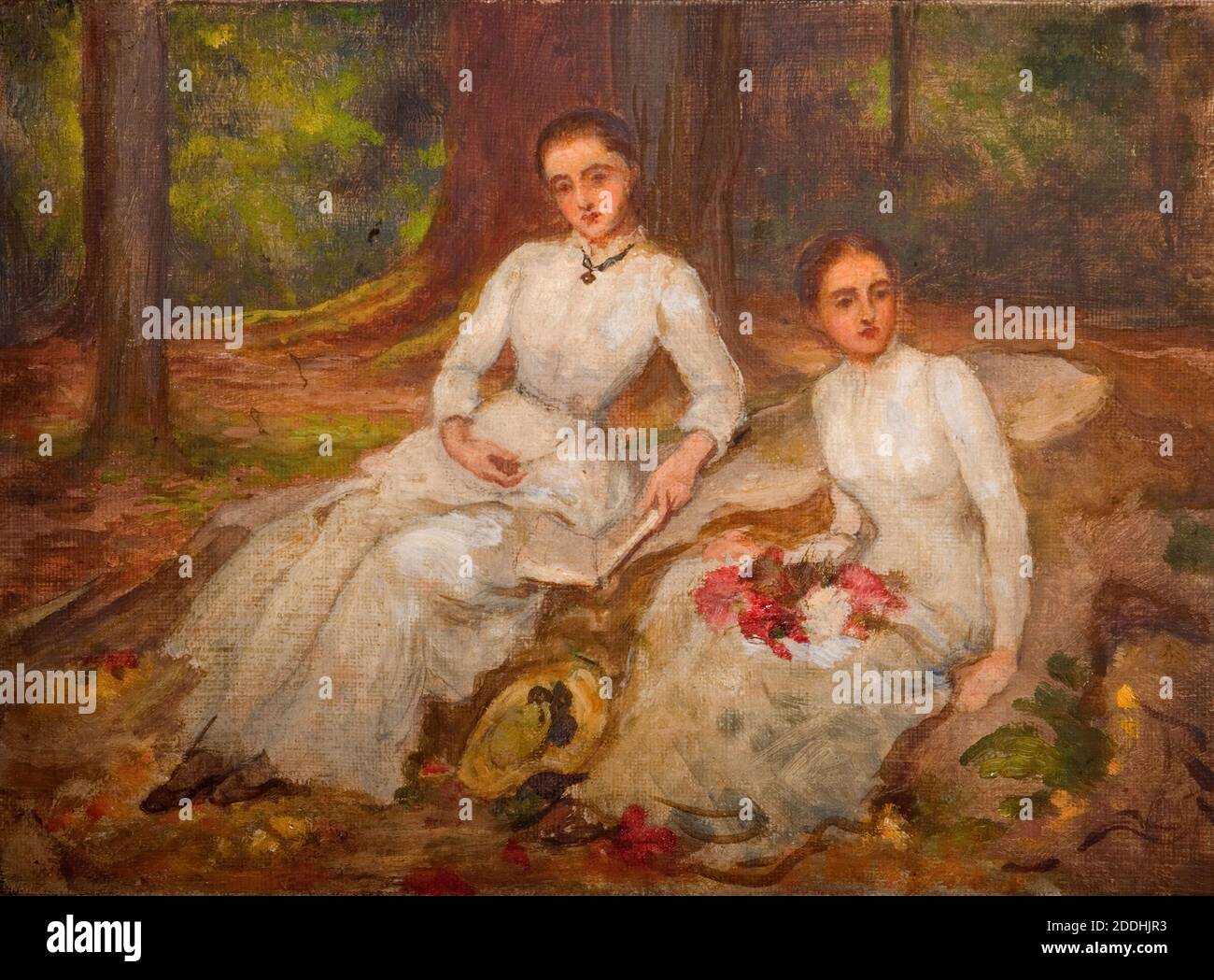 Deux femmes en blanc assis dans une glade boisée, 1900 par Louisa Starr Canziani, peinture à l'huile, femmes, blanc, Forêt, vêtements, Robe Banque D'Images