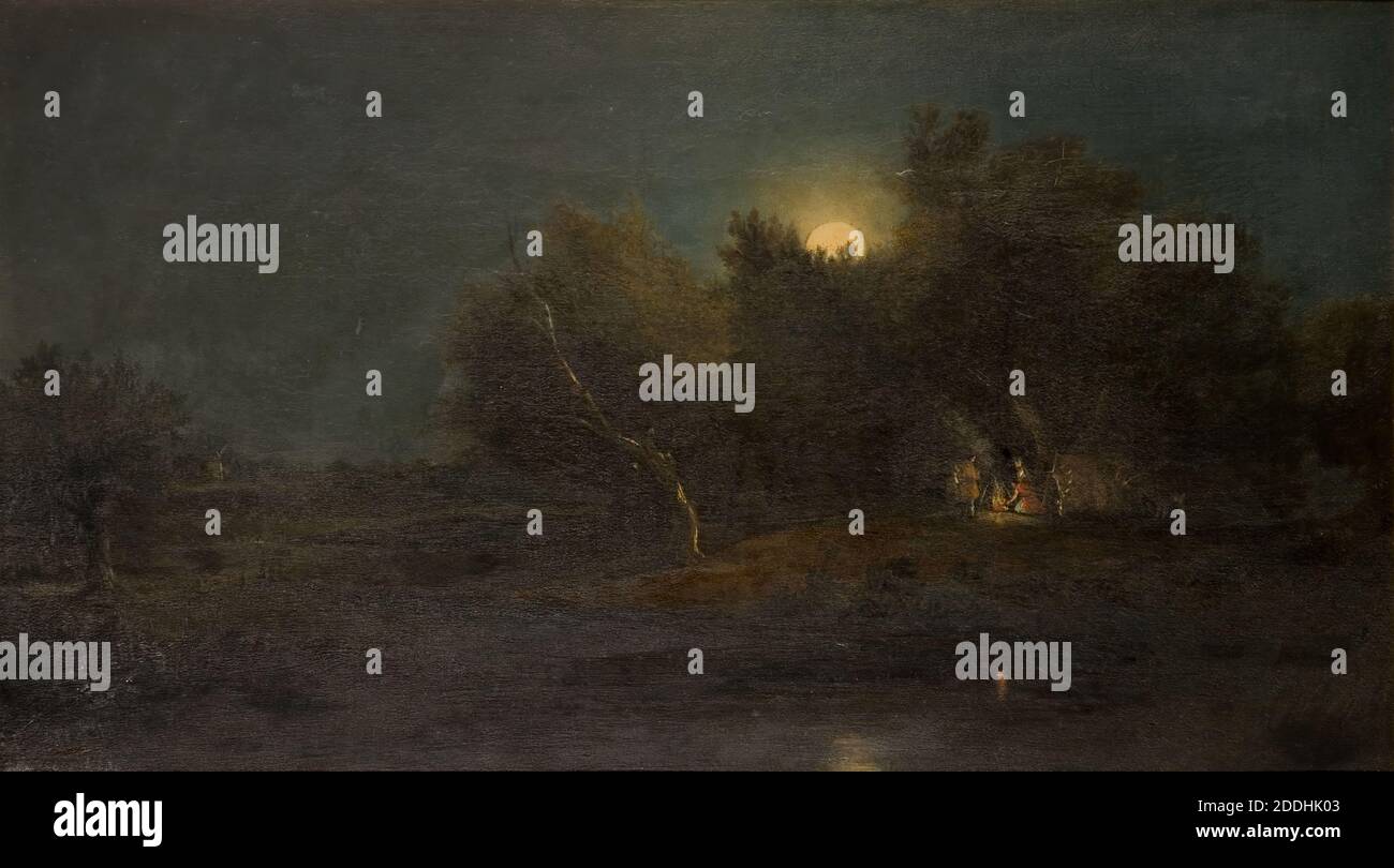 Scène clair de lune, 1800-1850 artiste inconnu., Paysage, peinture à l'huile, Forêt, nuit, Astronomie, Lune Banque D'Images
