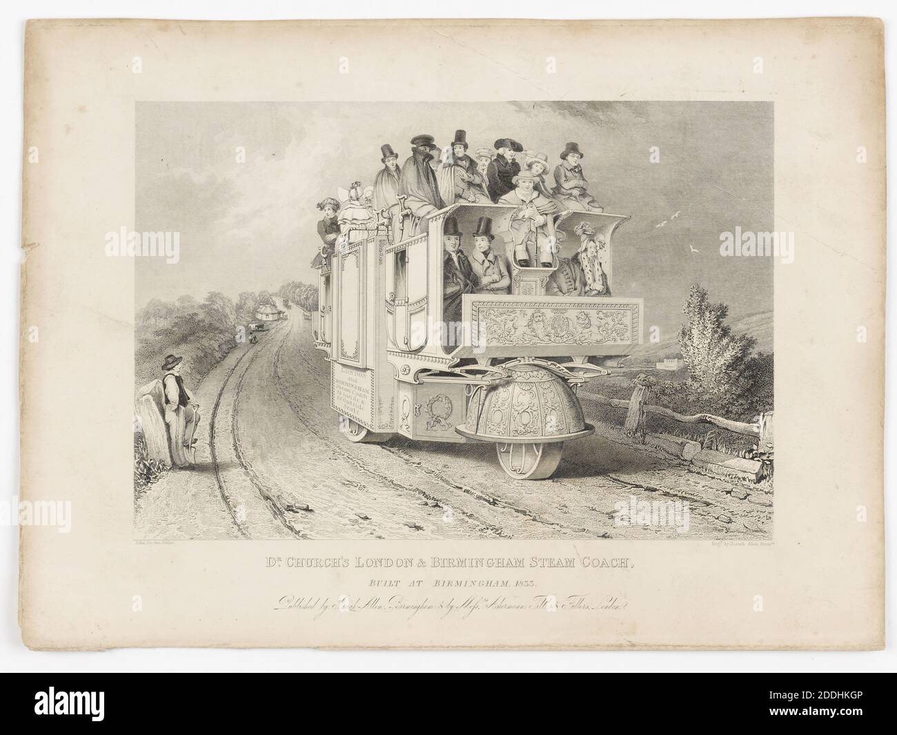 Imprimé de Steam Coach 'Dr. Church's London & Birmingham Steam Coach, construit à Birmingham, 1833.' Gravé par Josiah Allen, vues topographiques, transport, impression, gravure, histoire de Birmingham Banque D'Images