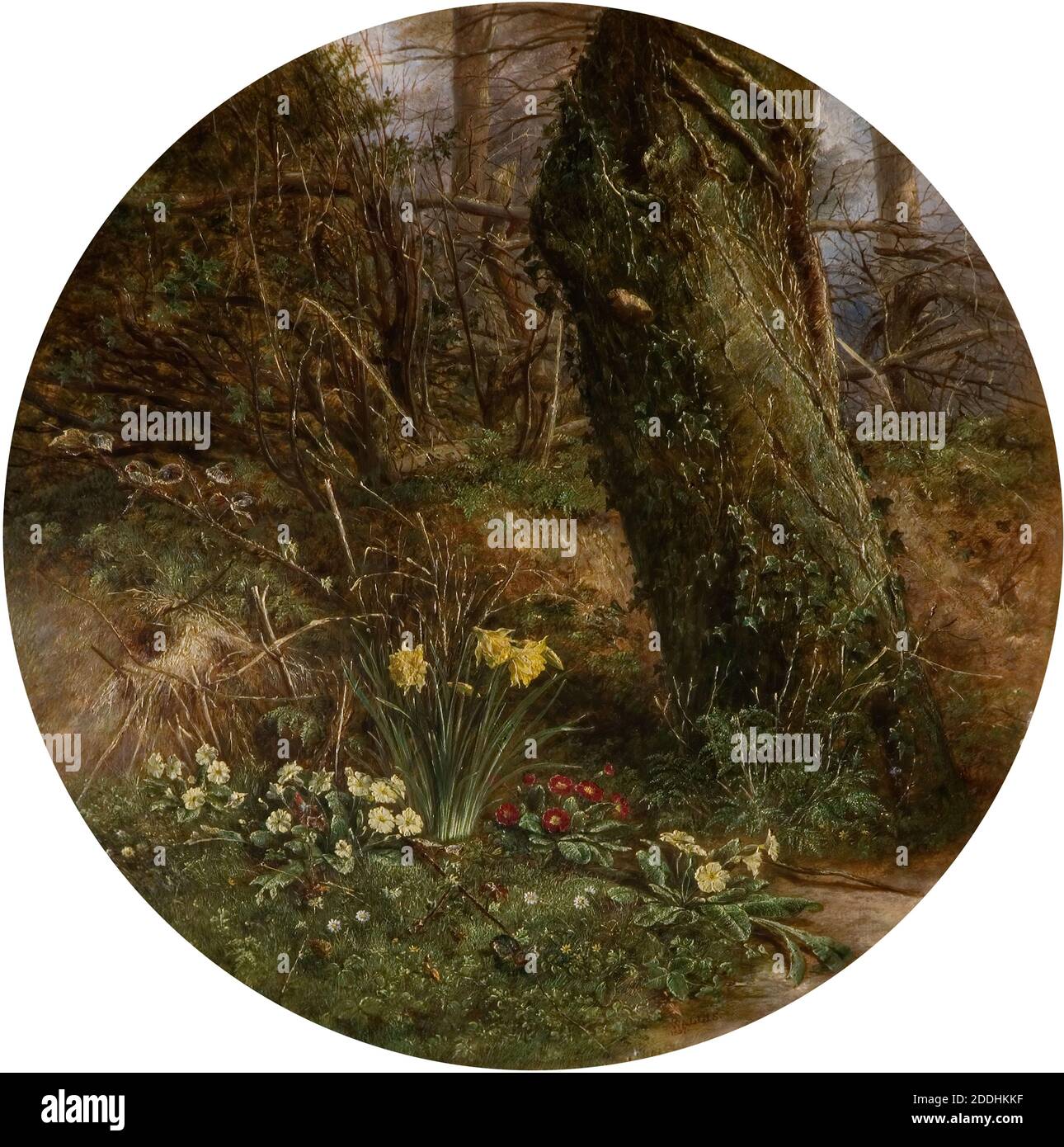 La Résurrection de l'année, 1857 par George Wallis, peinture à l'huile, Fleur, saison, printemps, Forêt, nature, Fleur, Daffodil Banque D'Images