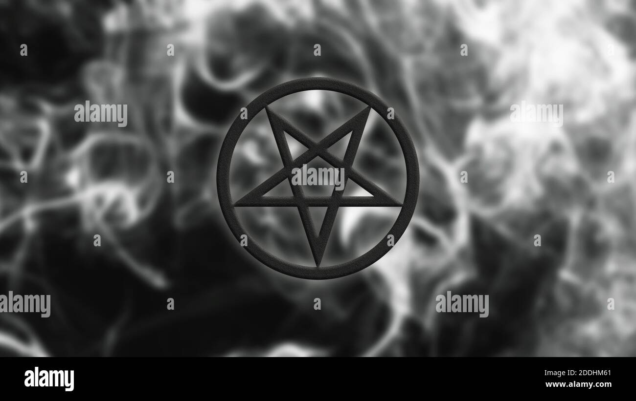 Pentagramme inversé dans l'air. Symbole magique. Fumée blanche sur fond noir. Rendu 3D Banque D'Images