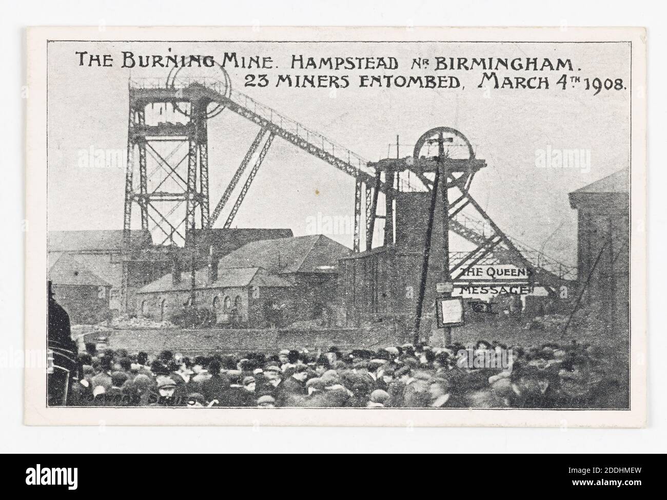 Carte postale, la mine brûlante. Hampstead près de Birmingham, 1908 vues topographiques, Note le nom du village a été orthographié à tort sur cette carte postale, orthographe correcte: Hamstead, Histoire sociale, documents imprimés, Histoire de Birmingham, carte postale, Histoire sociale, emploi, Manufacturers, Mines de charbon Banque D'Images