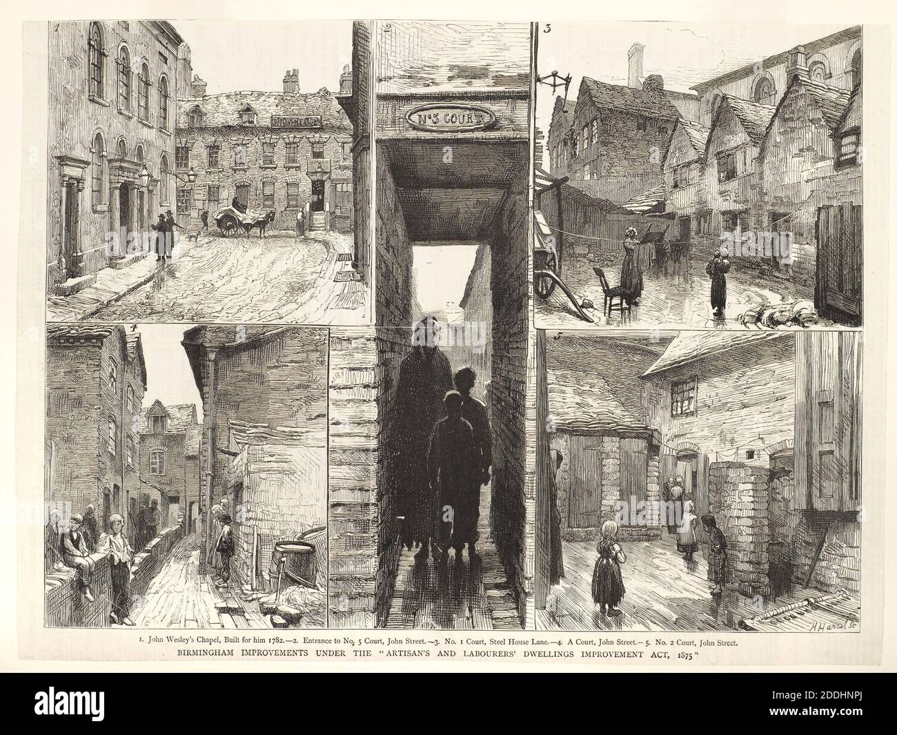 Birmingham améliorations en vertu de la Loi sur l'amélioration des logements des artisans et des ouvriers. Journal de 1875' gravure des cours de logement dans la rue John, Steel House Lane et de la chapelle John Wesley. Tiré du journal hebdomadaire illustré vol XIV No.368 samedi 16 décembre 1876., vues topographiques, histoire de Birmingham, histoire sociale, logement du conseil Banque D'Images