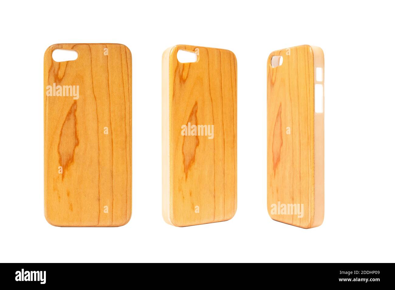 Couvercle arrière en bois pour téléphone portable isolé sur fond blanc. Différents angles d'étui de protection pour smartphone. Dos de téléphone en silicone Banque D'Images