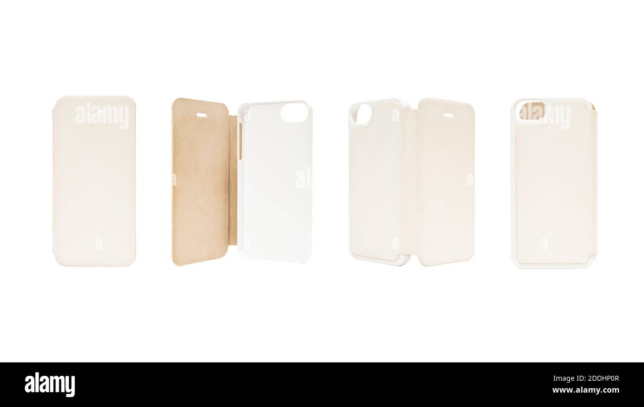 Couvercle arrière en plastique blanc pour téléphone portable isolé sur fond blanc. Différents angles d'étui de protection pour smartphone. Dos de téléphone en silicone Banque D'Images