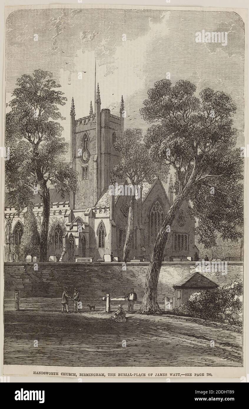 Gravure, église de Handsworth, Birmingham, la place Burial de James Watt (d. 25 août 1819 à Heathfield Hall, Birmingham), vol I, vues topographiques, Science et Industrie, impression, gravure, histoire de Birmingham Banque D'Images