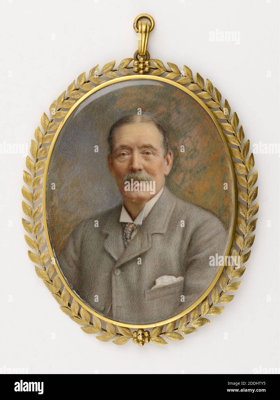 Portrait miniature de John Feeney, 1907 Allen Edward Everitt, John Feeney (1839-1905) était propriétaire du journal et philanthrope de la poste de Birmingham. Dans son désir, il a laissé la majeure partie de sa fortune à la charité, principalement pour le bénéfice de la ville de Birmingham, y compris £50,000 pour fournir une autre galerie pour le musée et la galerie d'art de Birmingham., histoire sociale, portrait, miniature, masculin, ovale, histoire de Birmingham, Charité, philanthropie Banque D'Images