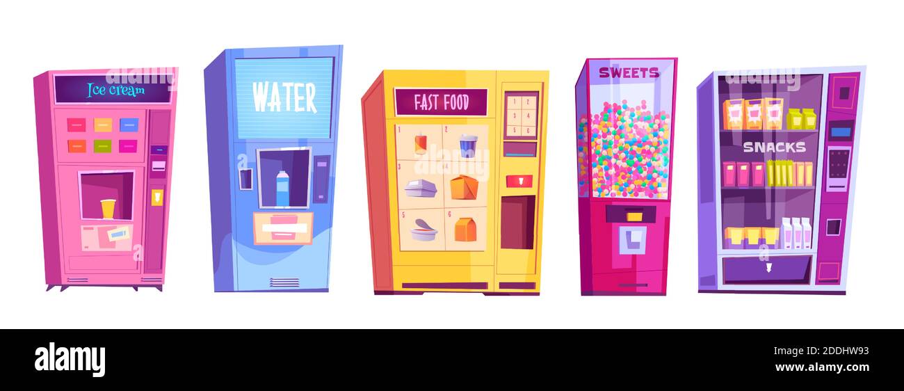 Distributeurs automatiques avec en-cas, restauration rapide, eau, crème glacée et bonbons. Ensemble de dessins animés vectoriels de distributeurs automatiques pour la vente de nourriture, bonbons et boissons isolés sur fond blanc Illustration de Vecteur
