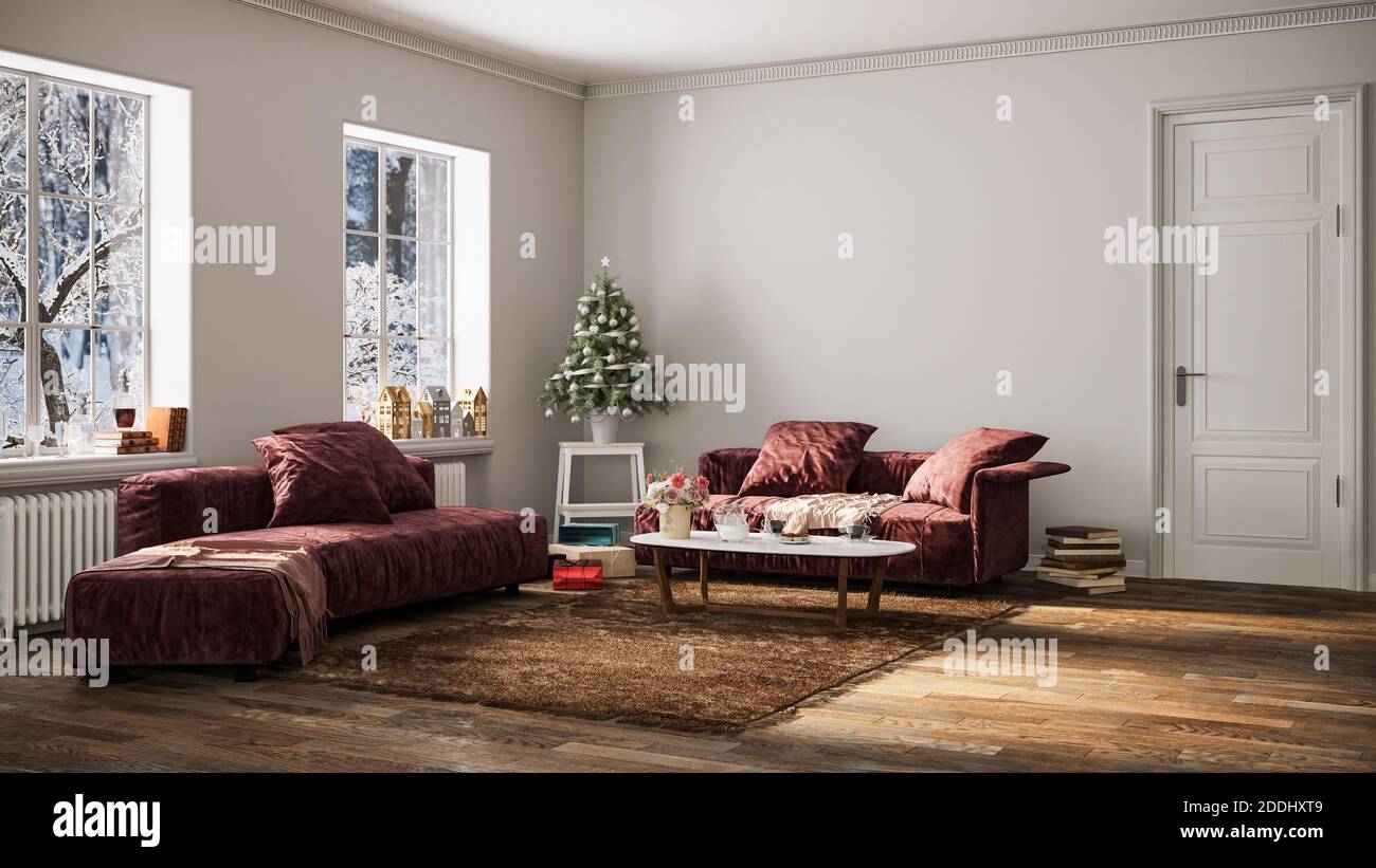 Décoration intérieure moderne dans un appartement, maison, détails intérieurs lumineux et modernes, un sapin de Noël avec des cadeaux et de la lumière de la fenêtre sur l'arrière-plan Banque D'Images