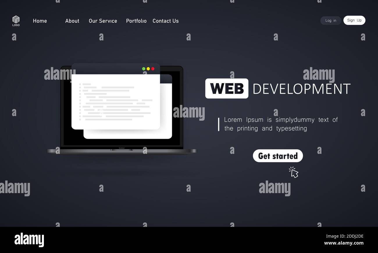Illustration du développement Web. Travailler sur un ordinateur portable. Concepts de conception plate pour l'analyse, le codage, la programmation, le programmateur et le développeur. Vecteur sur isolé Illustration de Vecteur