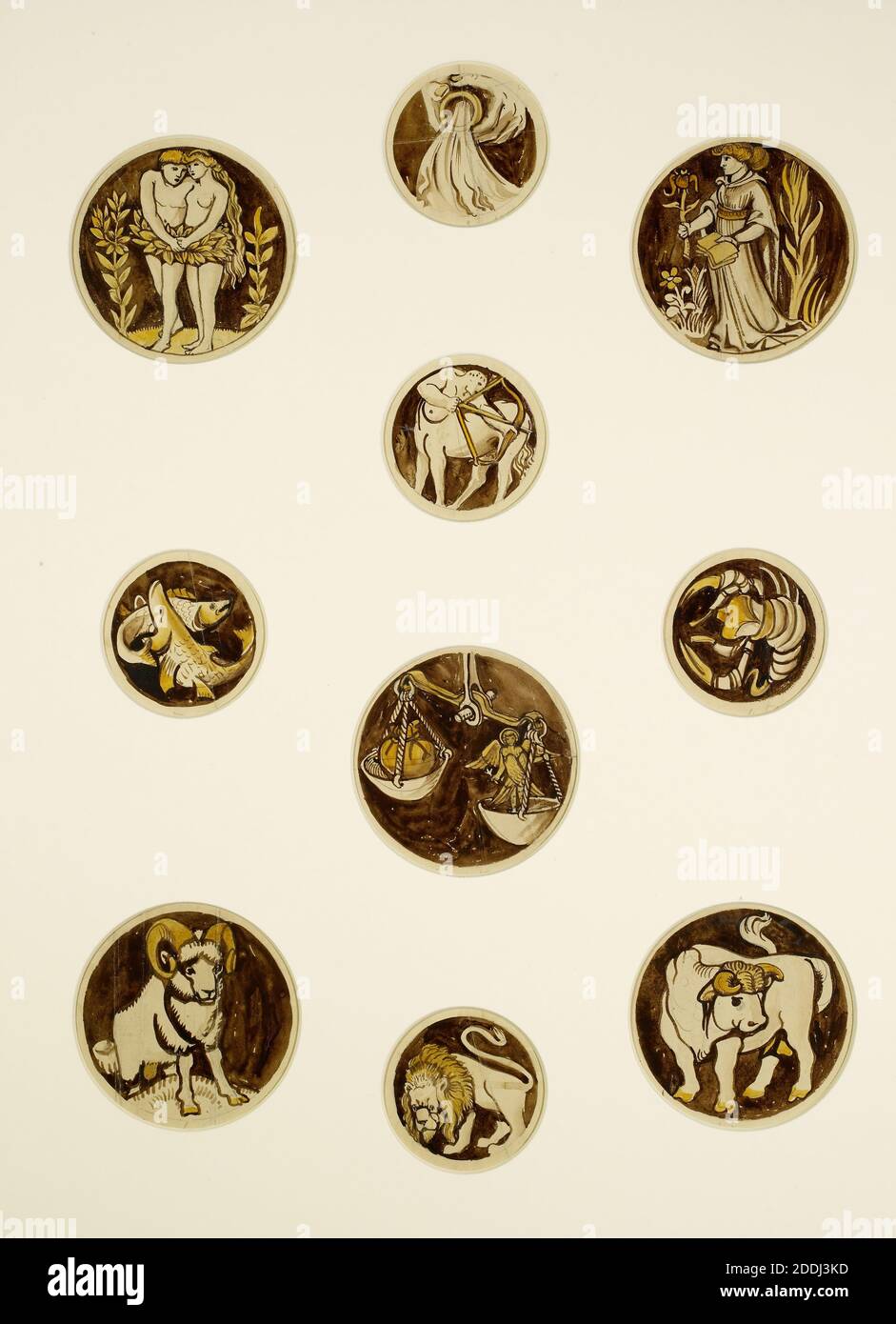 Les douze signes du zodiaque, diagramme à crayons montrant la position de chaque dessin dans la tracerie artiste : Philip Speakman Webb (d.1915), les 12 signes du zodiaque, dessins pour vitraux pour une lumière circulaire de la trasery, fenêtre, mouvement d'art, pré-Raphaelite, Arts appliqués, Arts et métiers, Aquarelle, vitraux, Architecture, Design, oeuvres sur papier, Astrologie Banque D'Images