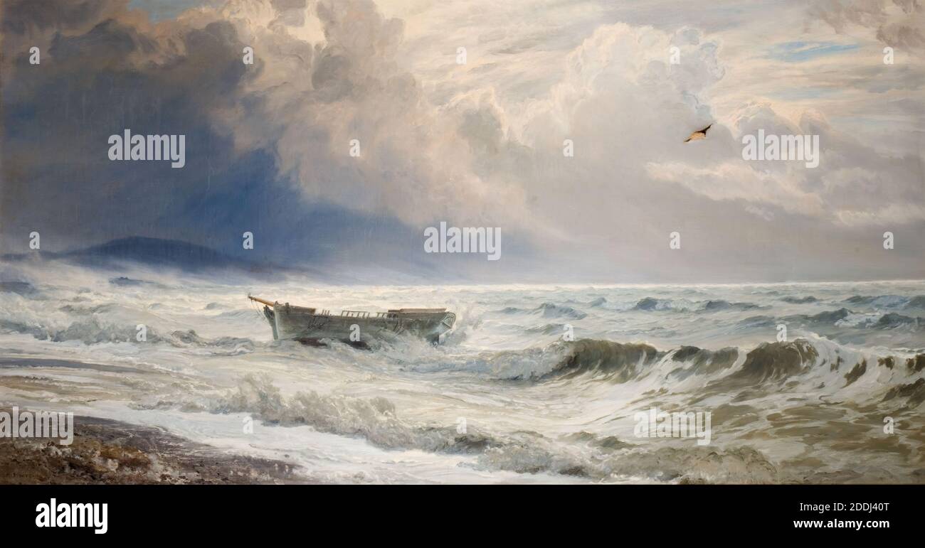 Climat difficile sur la côte, Cumberland, 1874 Henry Moore (d. 1895), bateau, peinture à l'huile, nuage, paysage marin, vagues, côte, plage, temps, tempête, art marin, maritime Banque D'Images