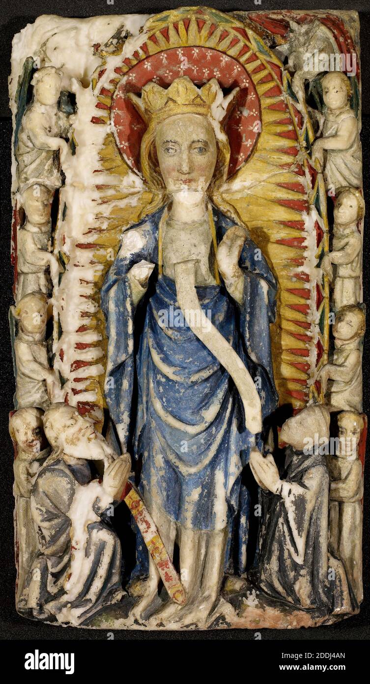 Un retable représentant l'Assomption de la Vierge Marie. Médiéval, artiste inconnu, fait d'albâtre peint, catholique, religion, Vierge Marie, Architecture, Eglise, Angleterre, Worcestershire, Antiquités, médiéval Banque D'Images