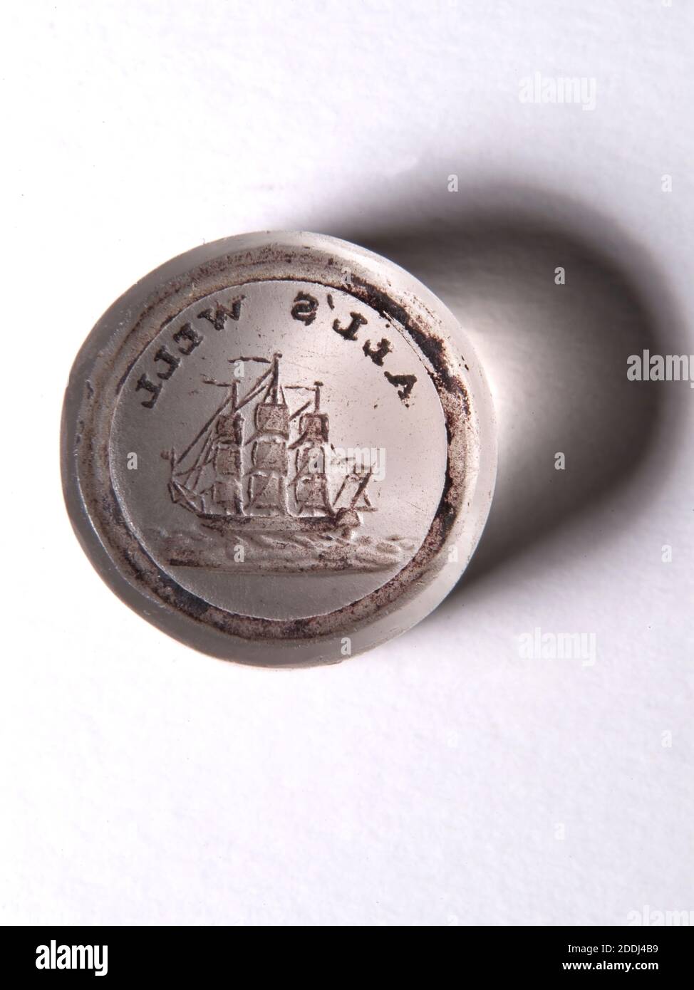 Signet Matrix, Seal Matrix (Ship), 1750-1850, Inscription se lit comme suit: 'All's Well', voile, 18ème siècle, verre, West Midlands, Birmingham histoire, Ship, forme, cercle Banque D'Images