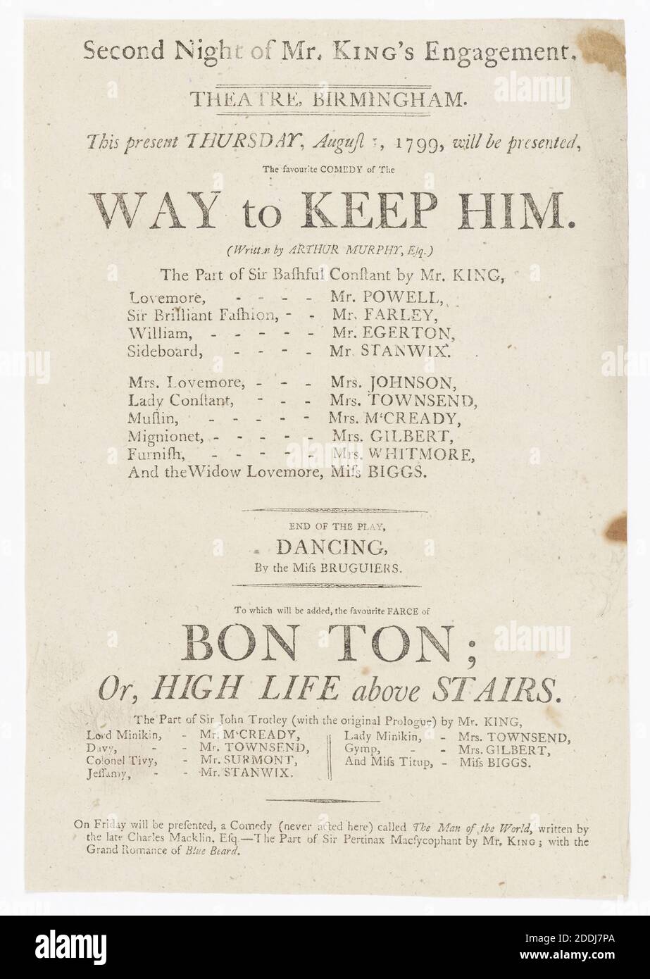 Theatre Bill, Birmingham Theatre, 1799, Histoire sociale, Théâtre, danse, Histoire de Birmingham, Théâtre, Performer Banque D'Images
