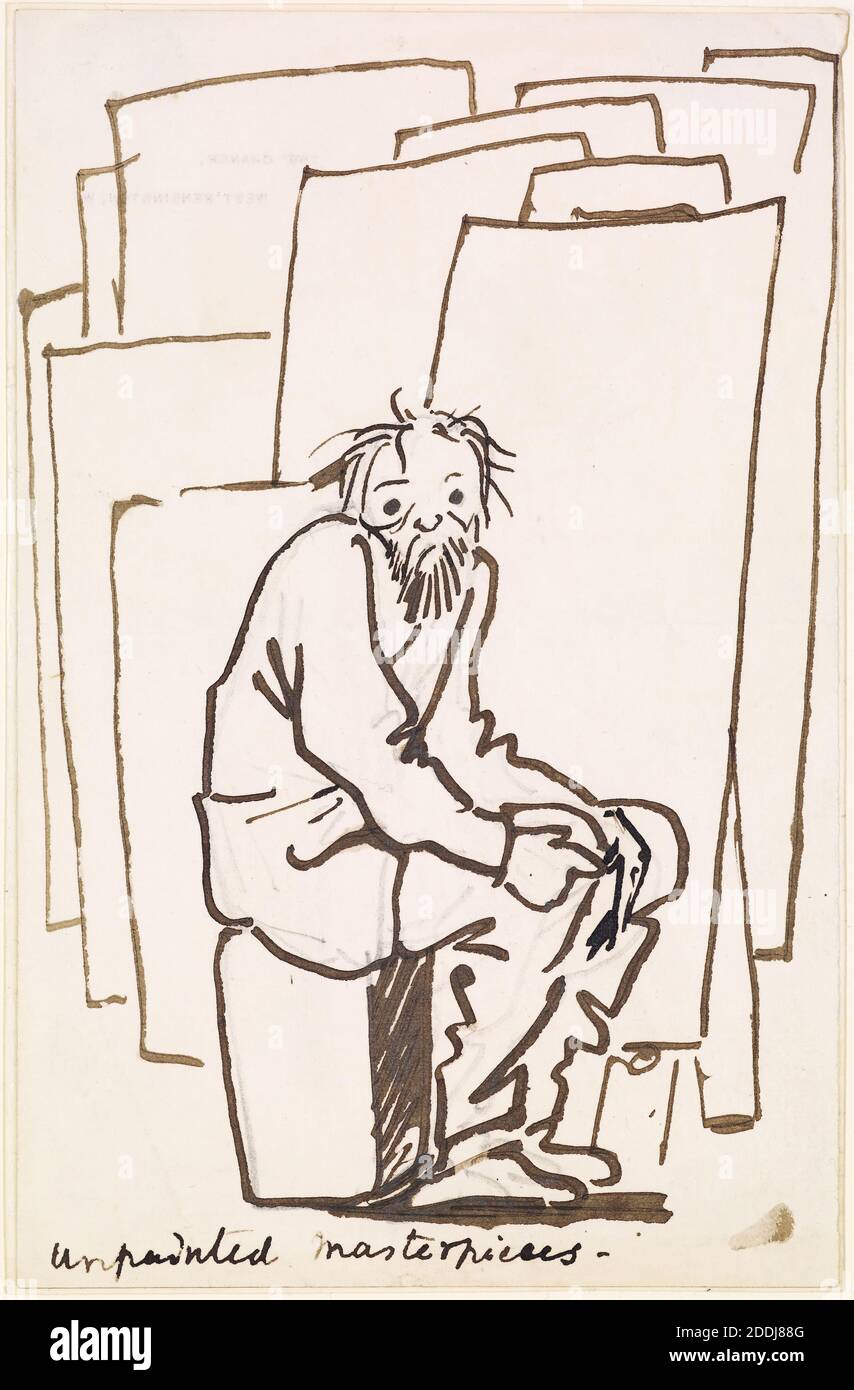Caricature, chefs-d'œuvre non peints, autoportrait, 1891-1895 artiste: Sir Edward Burne-Jones, mouvement artistique, pré-Raphaelite, dessin, encre, caricature, autoportrait, fatigué, masculin, barbe, émotion, triste, artiste, stylo, oeuvres sur papier Banque D'Images