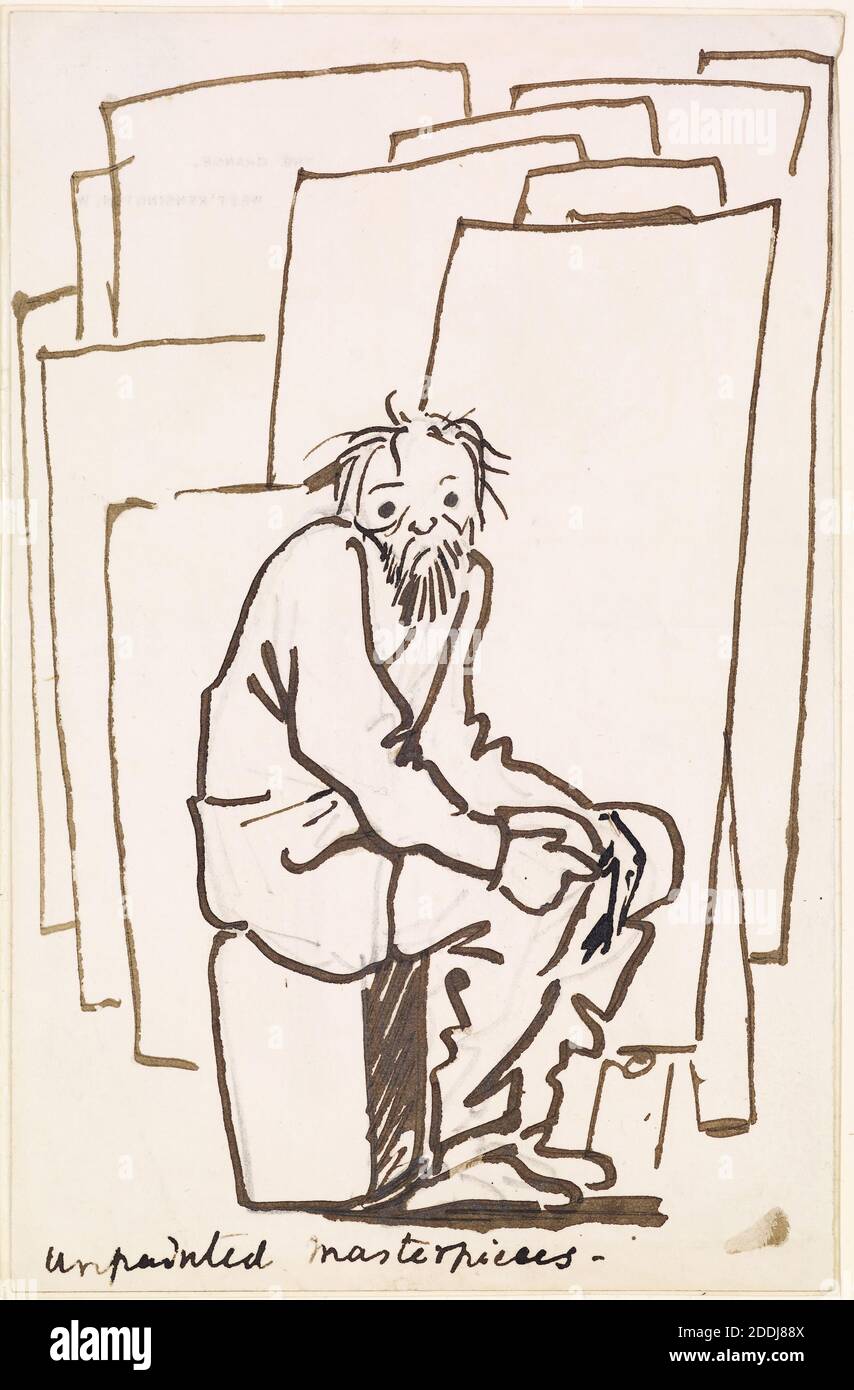 Caricature, chefs-d'œuvre non peints, autoportrait, 1891-1895 artiste: Sir Edward Burne-Jones, mouvement artistique, pré-Raphaelite, dessin, encre, caricature, autoportrait, fatigué, masculin, barbe, émotion, triste, artiste, stylo, oeuvres sur papier Banque D'Images