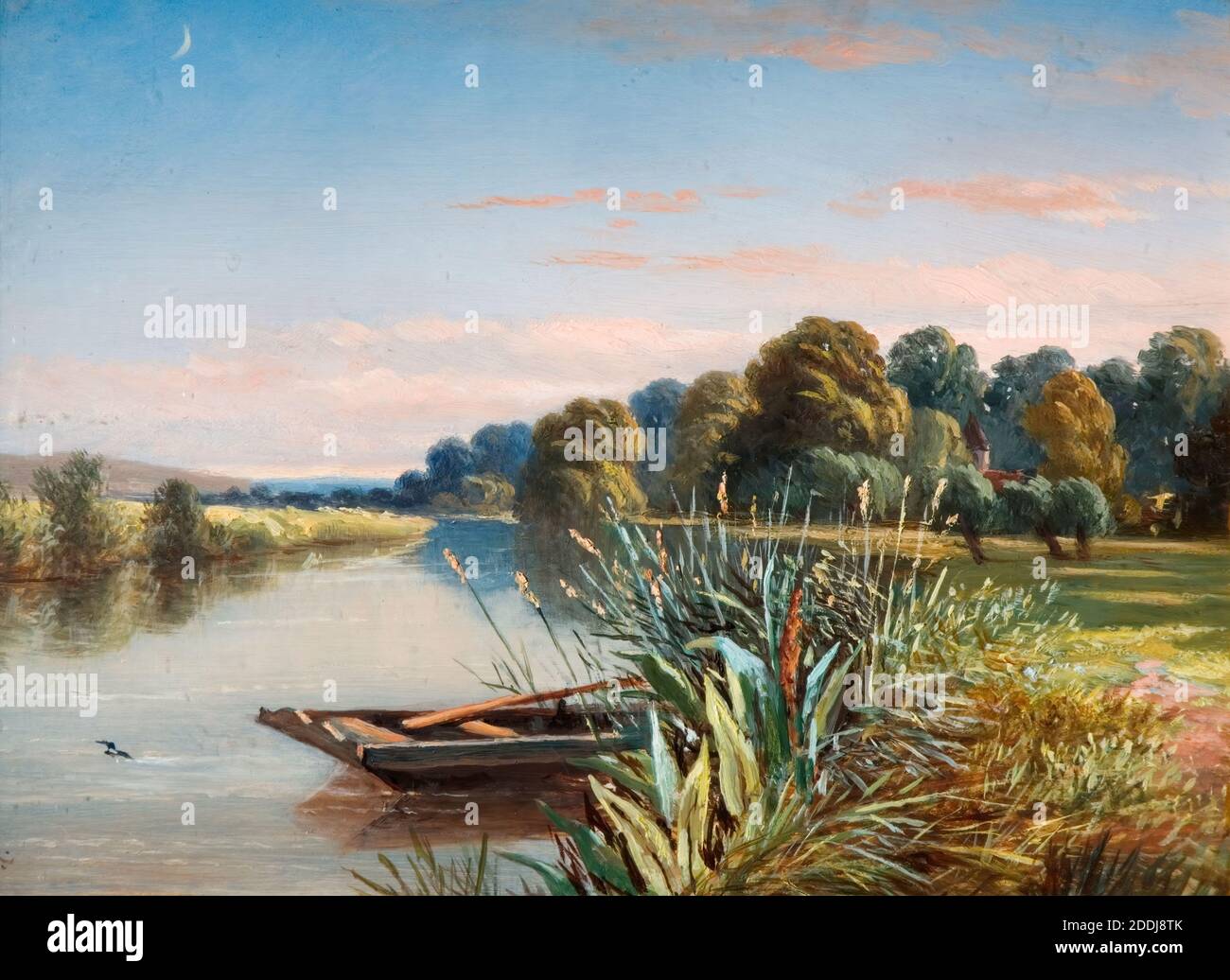 River Scene, 1880 par Charles Walter Radclyffe, bateau, Paysage, peinture à l'huile, Anglais, Rural, Rivière Banque D'Images