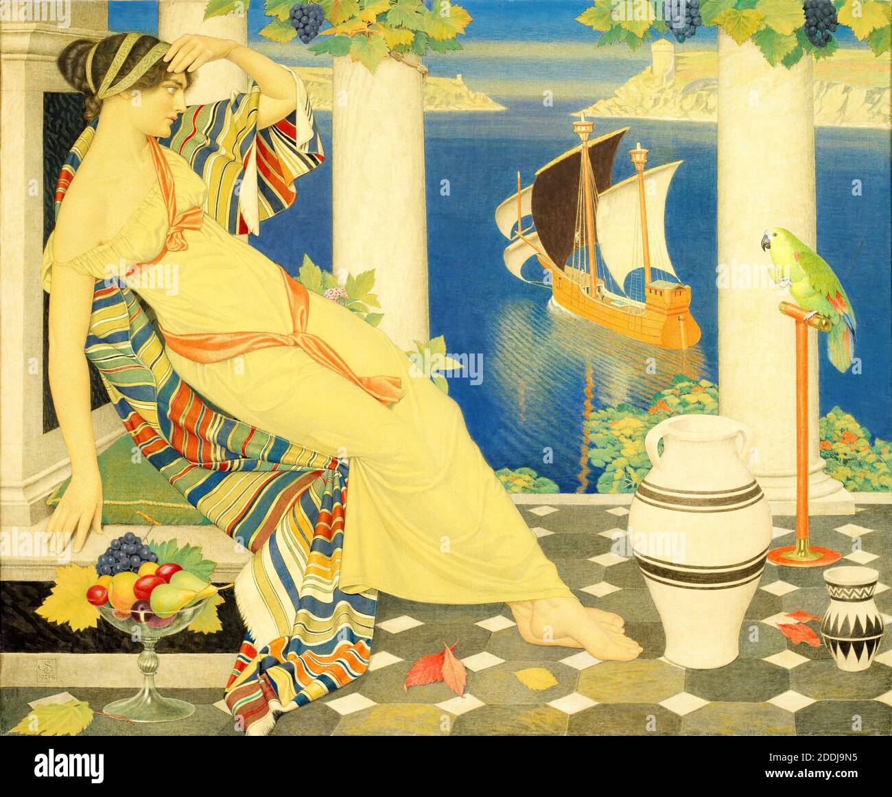 Ariadne à Naxos, 1925, artiste: Joseph Edward Southall (d. 1944), Gilder: Anna Elizabeth Southall, Sleeping, Art Movement, Pre-Raphaelite, bateau, voile, mythologie grecque, Birmingham Museums Trust, Birmingham Museum & Art Gallery, Tempera, fruit, oiseau, perroquet, navire, Royal, princesse, fruit, raisin Banque D'Images