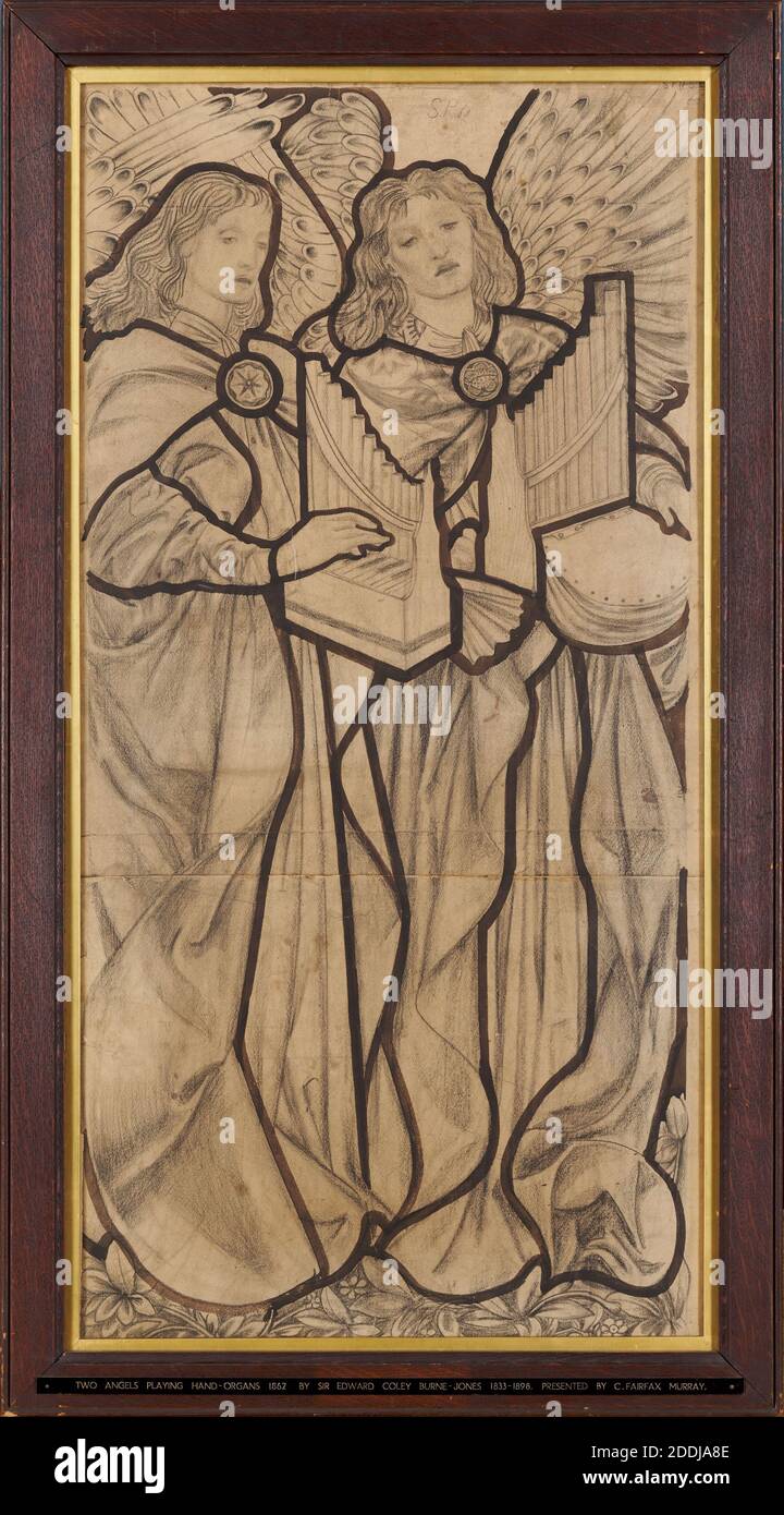 Anges jouant des organes, 1862 Sir Edward Burne-Jones, Design for Lyndhurst Church, Hampshire, Angleterre, Art Movement, Pre-Raphaelite, encre, craie, vitrail, Angel, Frame, Design, Birmingham histoire, Works on Paper Banque D'Images