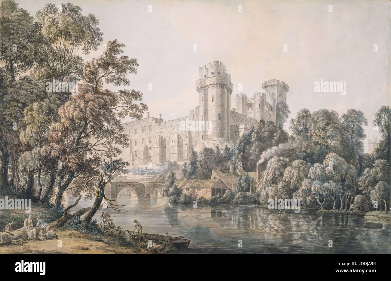 Château de Warwick du Sud-est, 1775 Paul Sandby, Lac, Aquarelle, vues topographiques, Château, Rivière, Angleterre, Midlands Banque D'Images