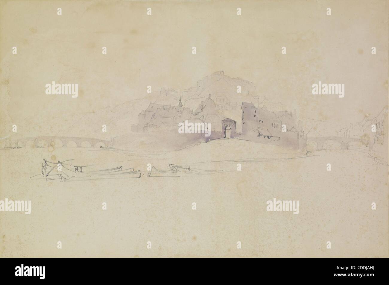Deux ponts, 1833-1842 artiste : John Ruskin, bateau, Paysage, dessin, crayon, esquisse, pré-Raphaelite, Rivière, dessin de lavage, Pont Banque D'Images