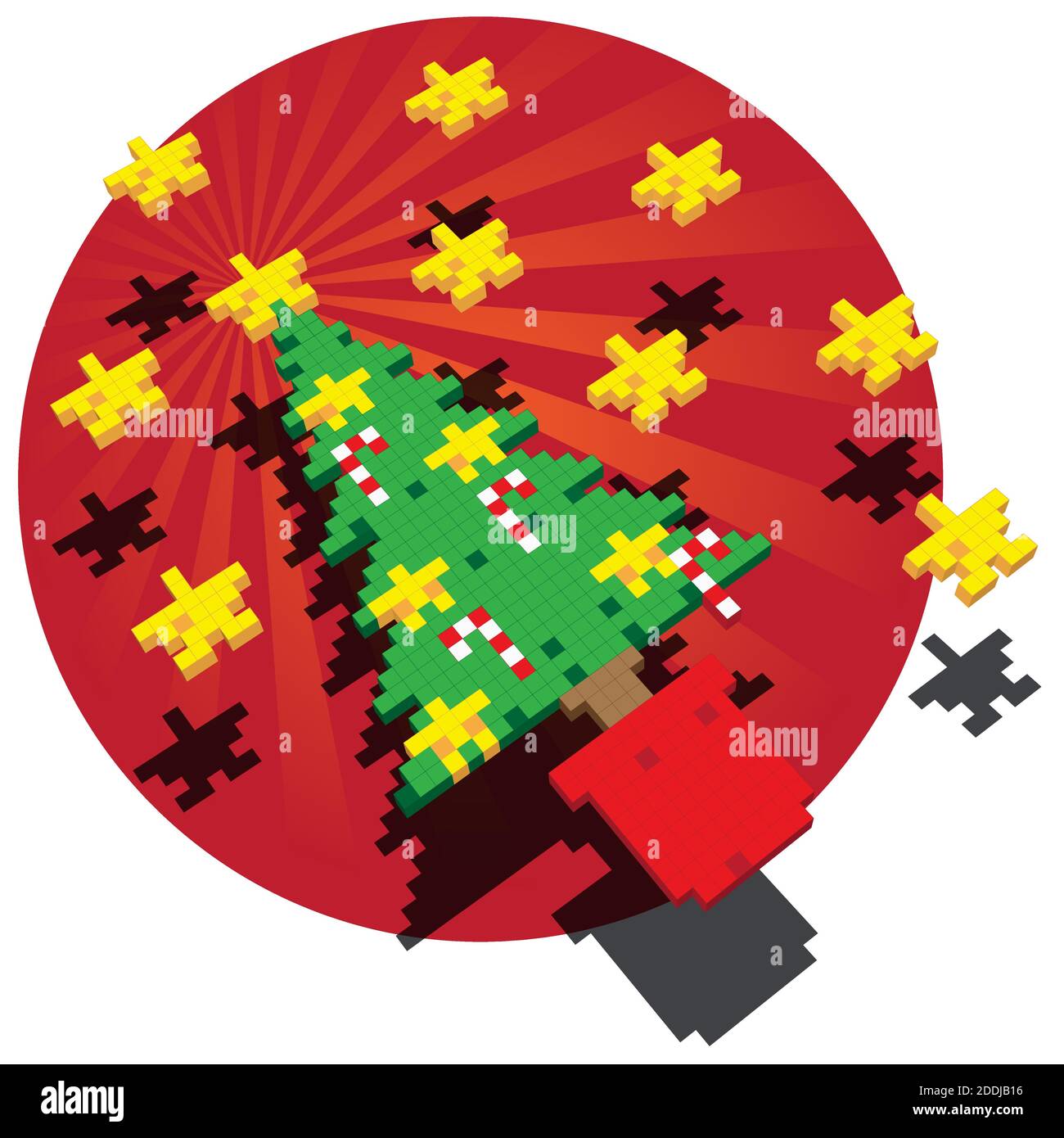 Illustration en pixels cubes d'un arbre de Noël avec des étoiles et des Candy Canes sur fond circulaire rouge foncé. Illustration de Vecteur
